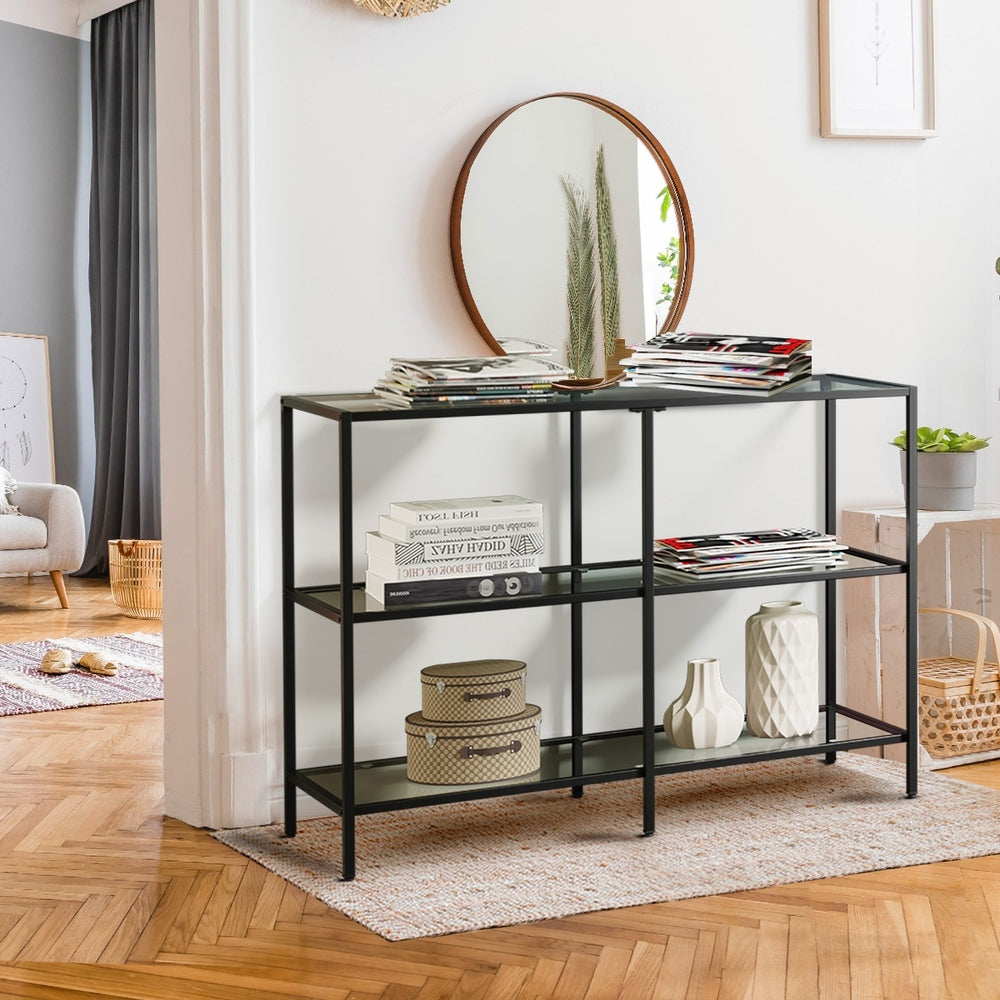 Console Table Tempered Glass 3 Shelves Black