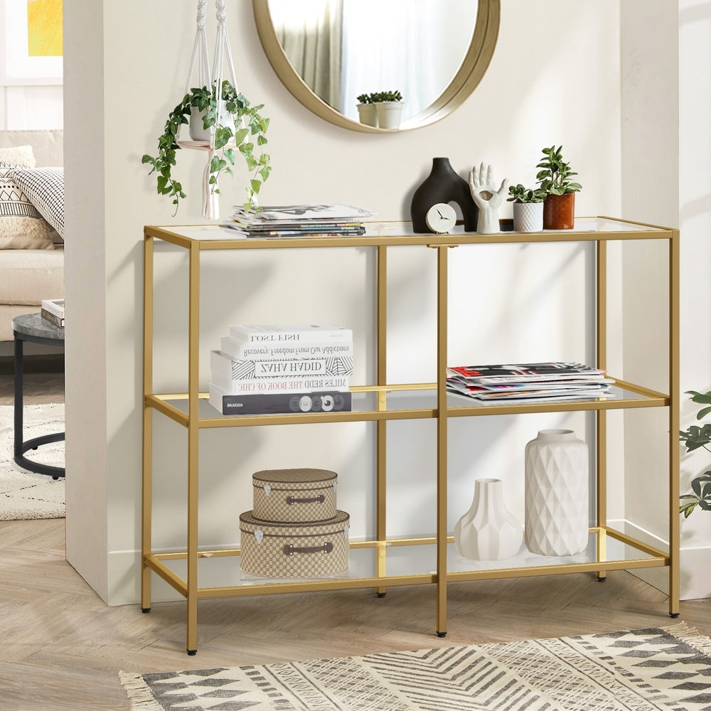 Console Table Tempered Glass 3 Shelves Gold