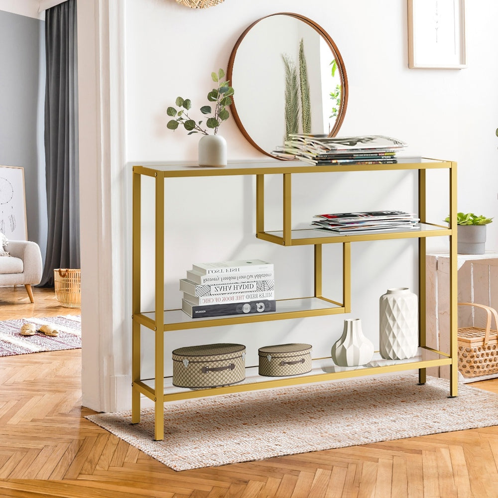 Console Table Tempered Glass 4 Shelves Gold