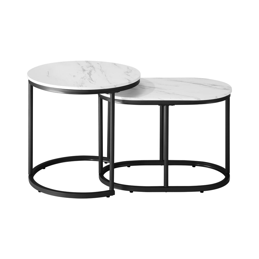 Set of 2 Coffee Table Round Oval Marble Nesting Side End Table