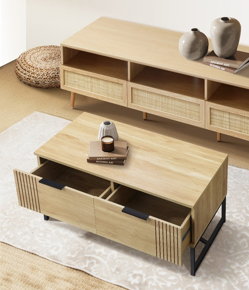 Coffee Table with Storage Drawers Wooden Natural