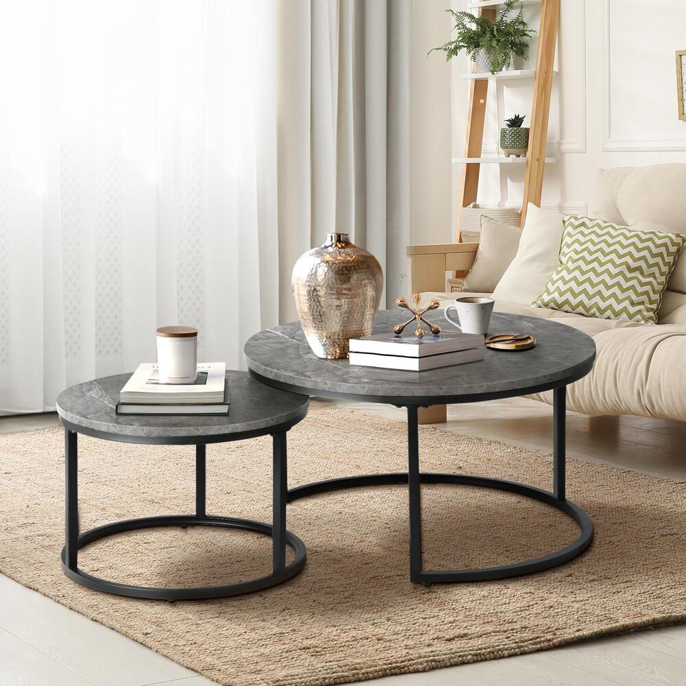 Set of 2 Coffee Table Round Marble Nesting Side End Table Furniture