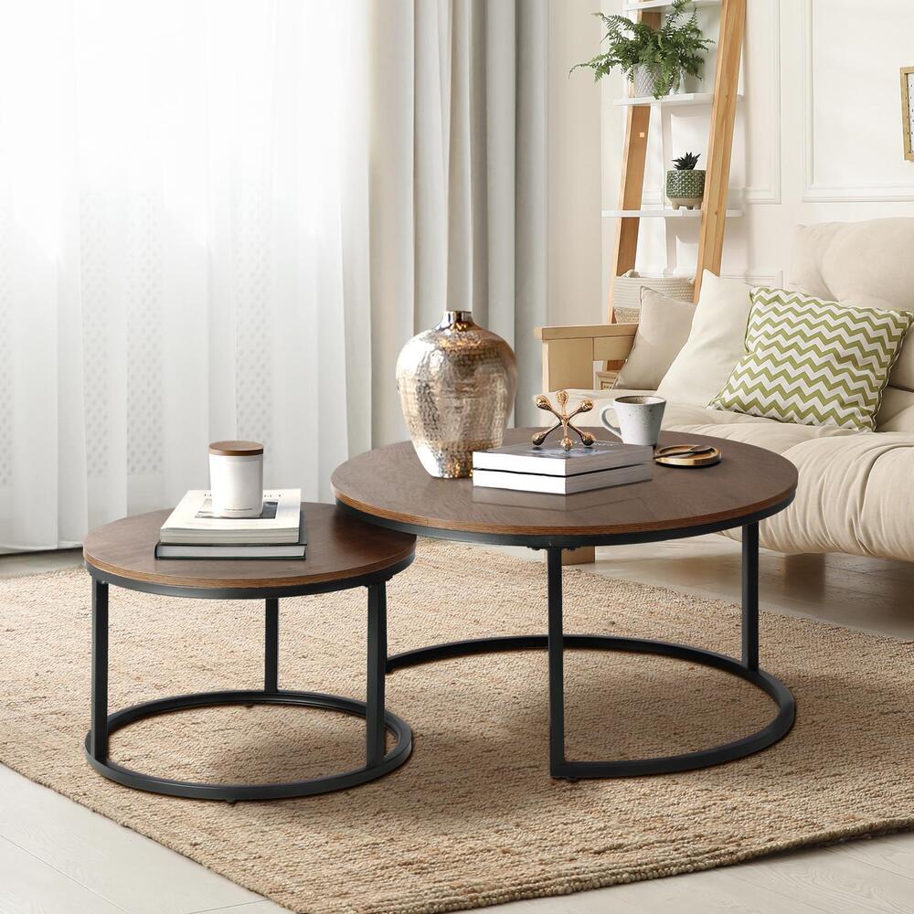 Set of 2 Coffee Table Round Nesting Side End Table Walnut & Black