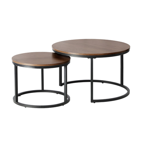 Set of 2 Coffee Table Round Nesting Side End Table Walnut & Black