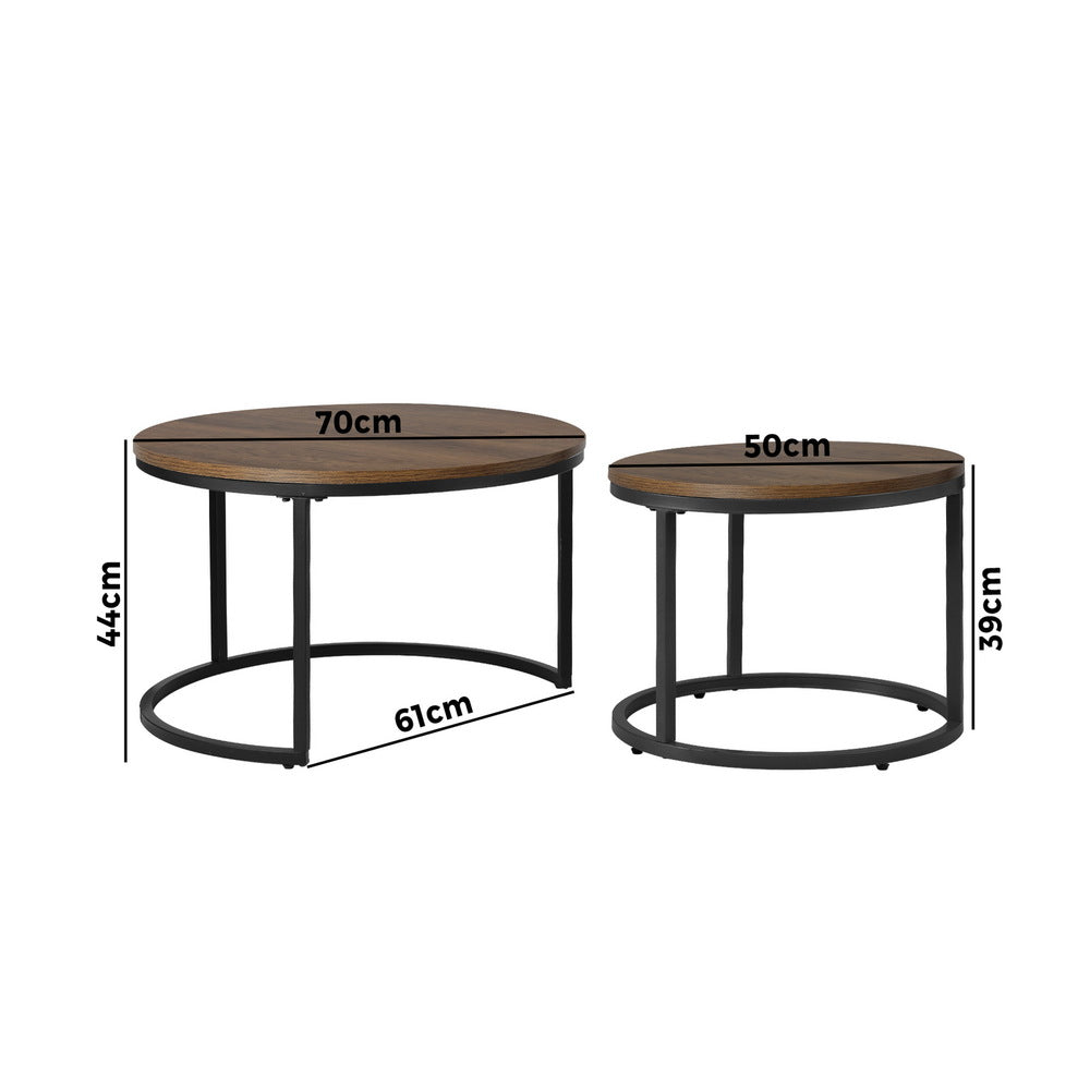 Set of 2 Coffee Table Round Nesting Side End Table Walnut & Black