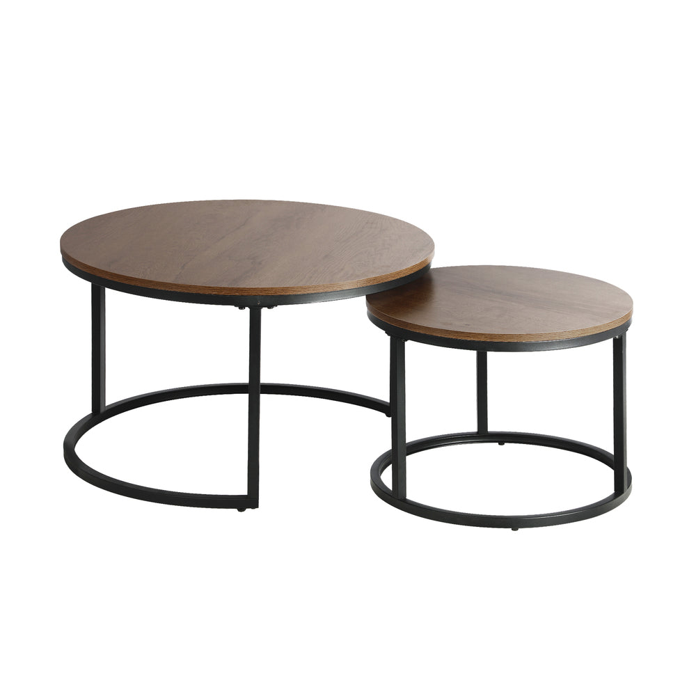 Set of 2 Coffee Table Round Nesting Side End Table Walnut & Black