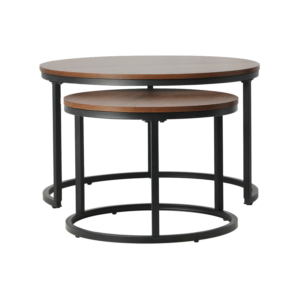 Set of 2 Coffee Table Round Nesting Side End Table Walnut & Black