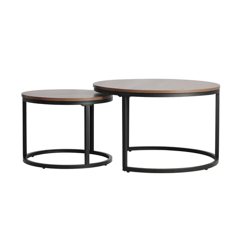 Set of 2 Coffee Table Round Nesting Side End Table Walnut & Black