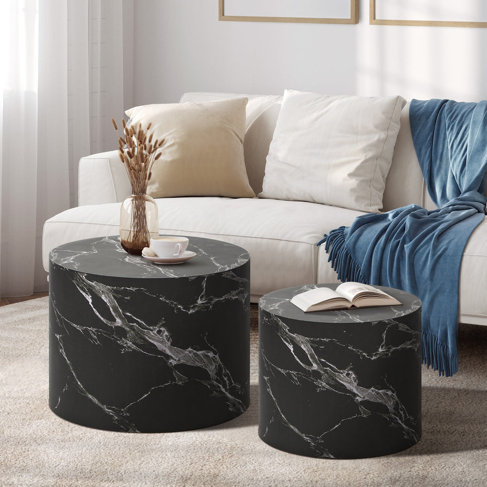 Round Coffee Table Set of 2 Marble Effect Black