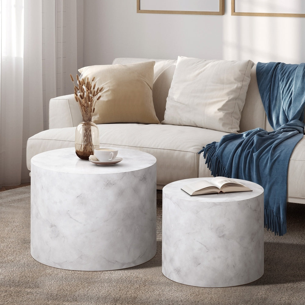 Round Coffee Table Set of 2 Marble Effect White