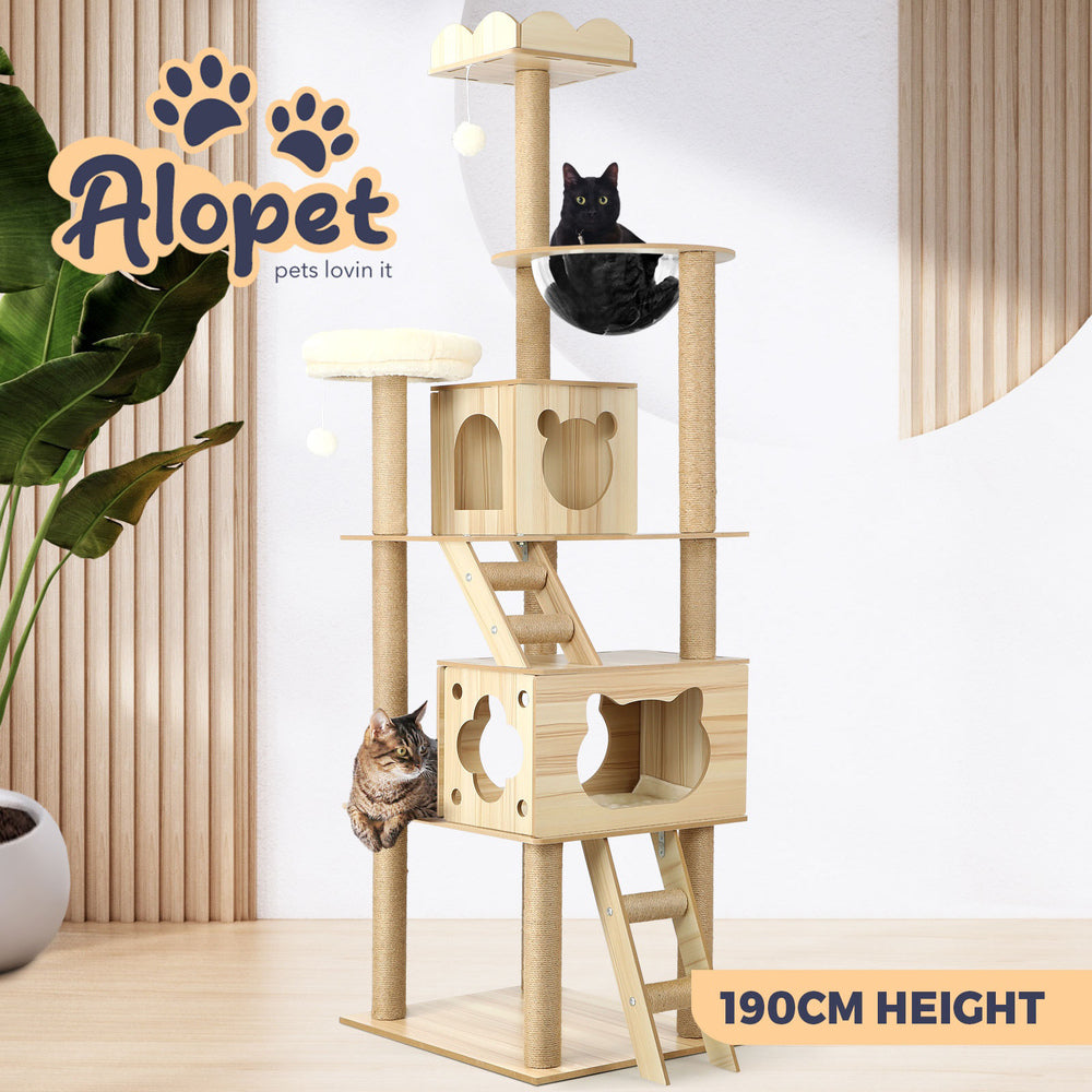 Elevate Your Cat's World: 190cm Wooden Cat Tree with Ladder, Condo, and Scratching Post