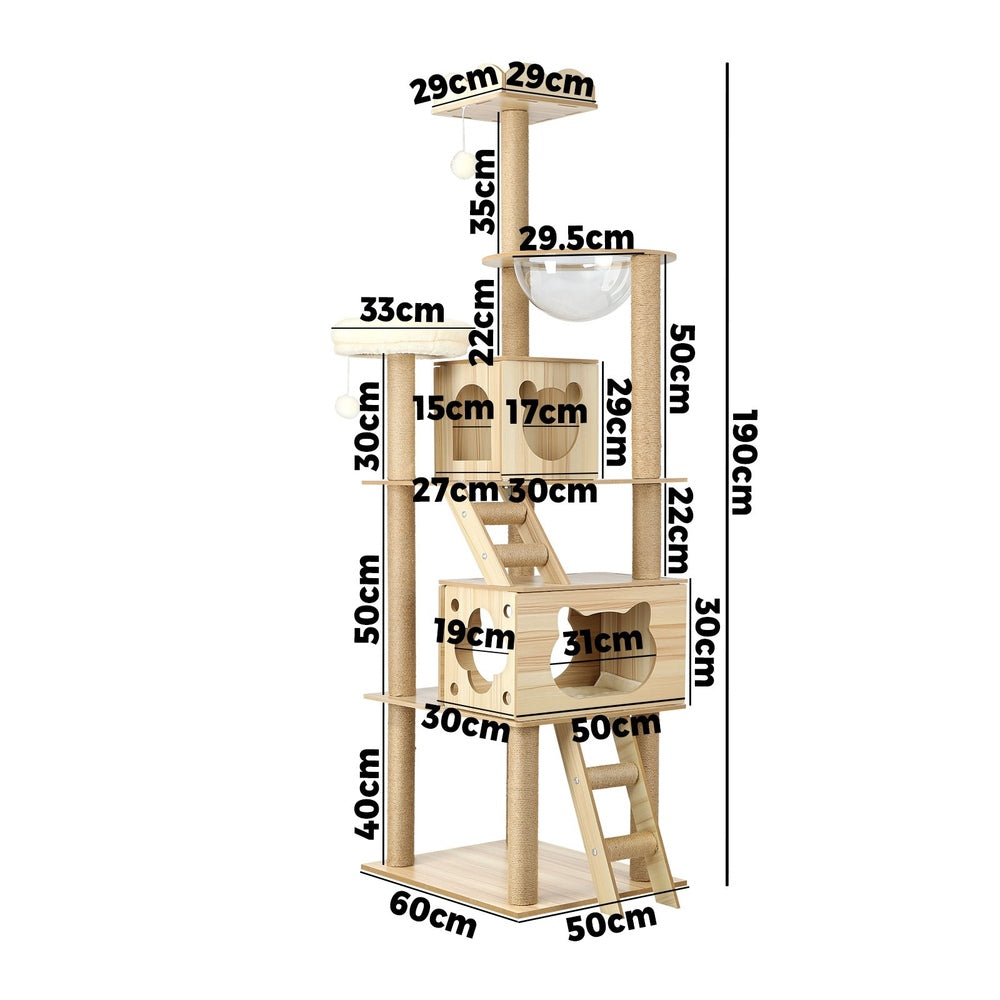 Elevate Your Cat's World: 190cm Wooden Cat Tree with Ladder, Condo, and Scratching Post