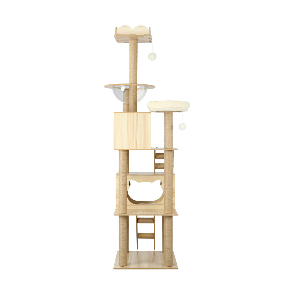 Elevate Your Cat's World: 190cm Wooden Cat Tree with Ladder, Condo, and Scratching Post