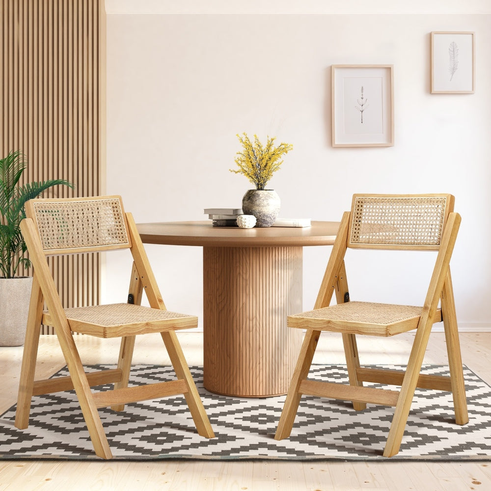 2x Dining Chairs Folding Rattan Chair Wooden