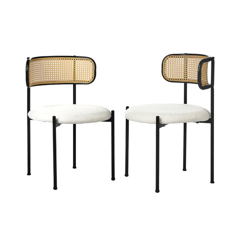 2x Dining Chair Round Boucle Rattan Backrest Black & White