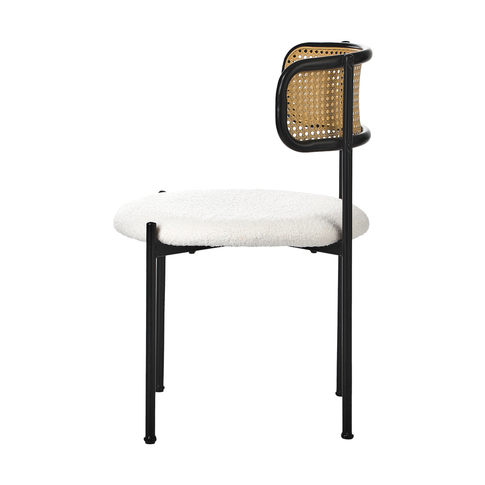 2x Dining Chair Round Boucle Rattan Backrest Black & White