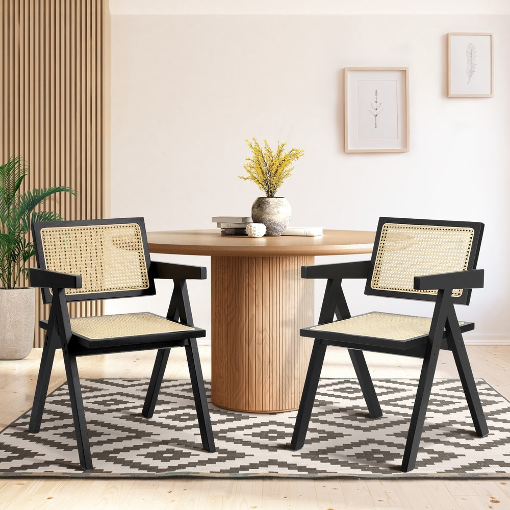 2x Dining Chairs Rattan Chair Wooden Balck