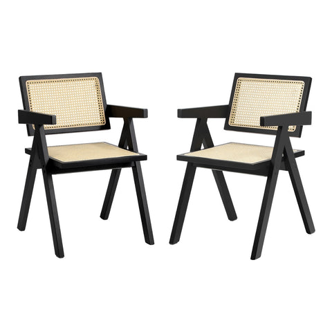 2x Dining Chairs Rattan Chair Wooden Balck