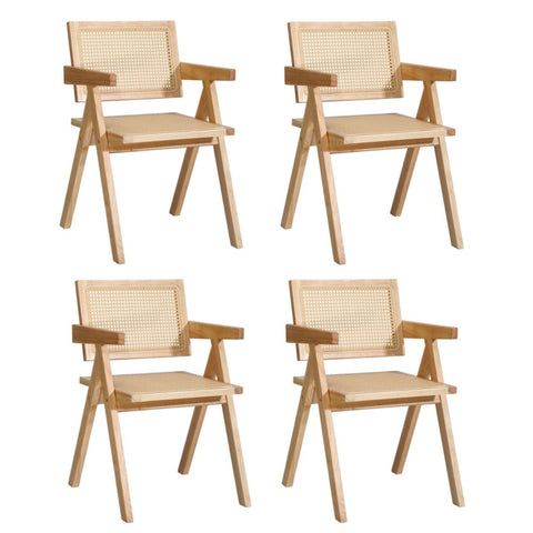 4x Wooden Dining Chairs Rattan Natural