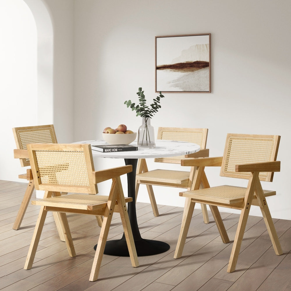 6x Wooden Dining Chairs Rattan Natural