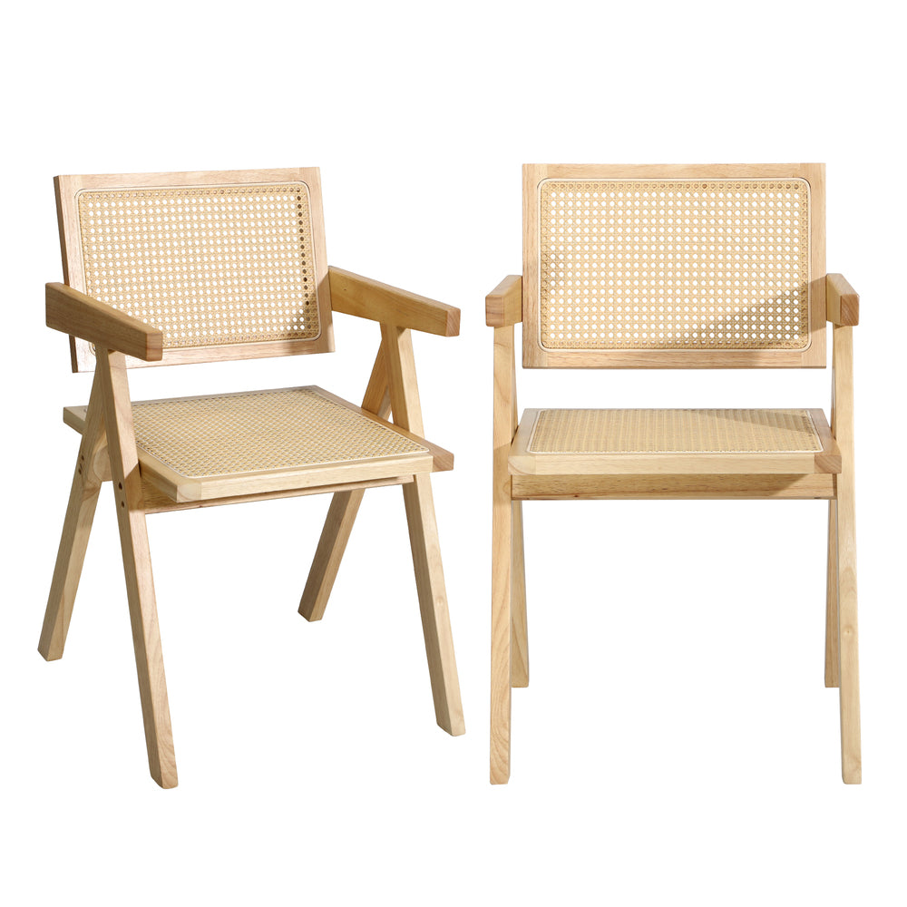 4x Wooden Dining Chairs Rattan Natural