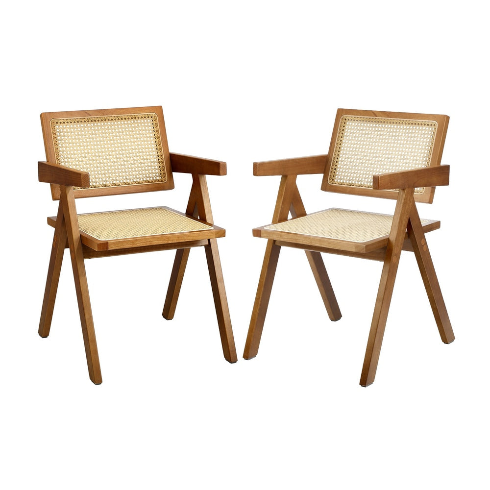 2x Dining Chairs Rattan Chair Wooden Walnut