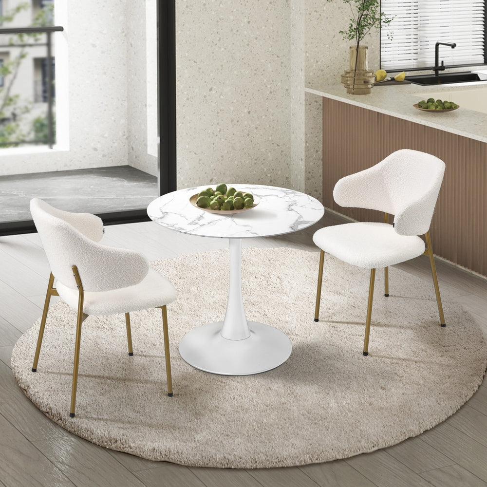 90cm Round Dining Table with 4x Dining Chairs Sherpa Gold&White