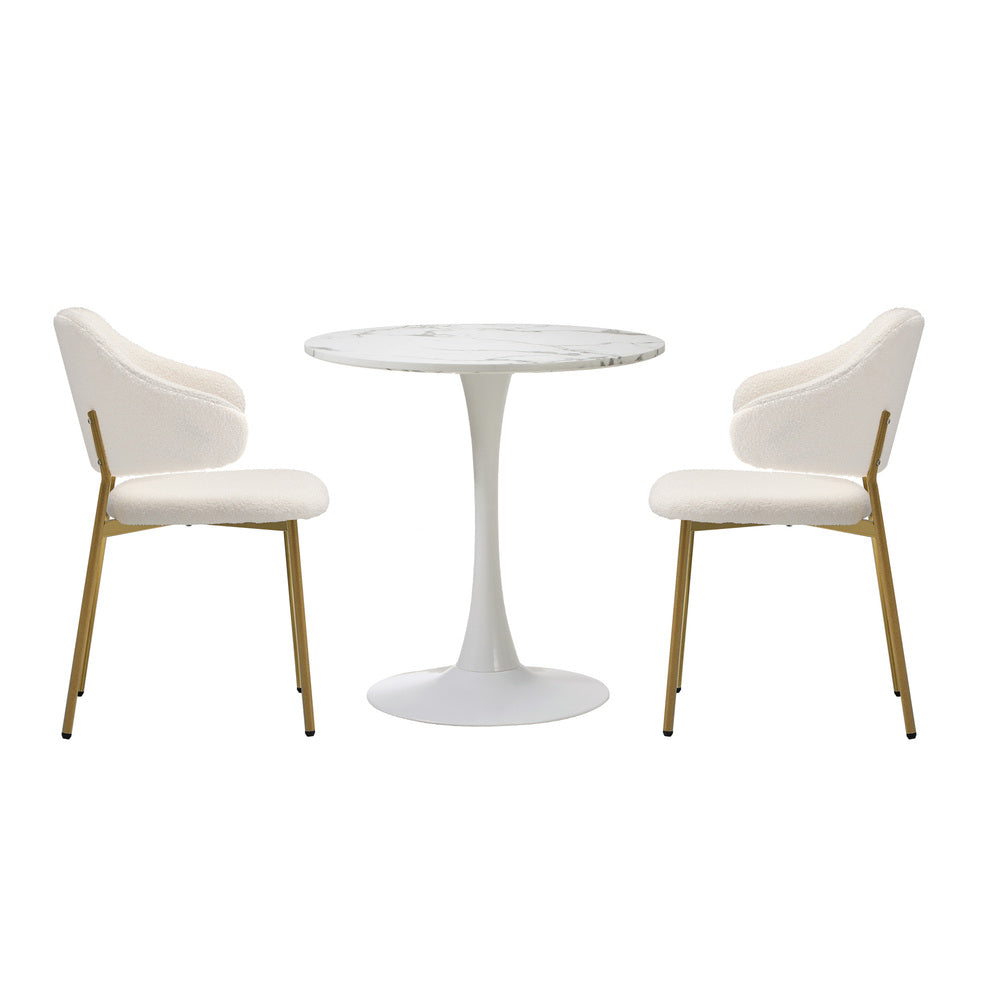 60cm Round Dining Table with 2x Dining Chairs Sherpa Gold&White