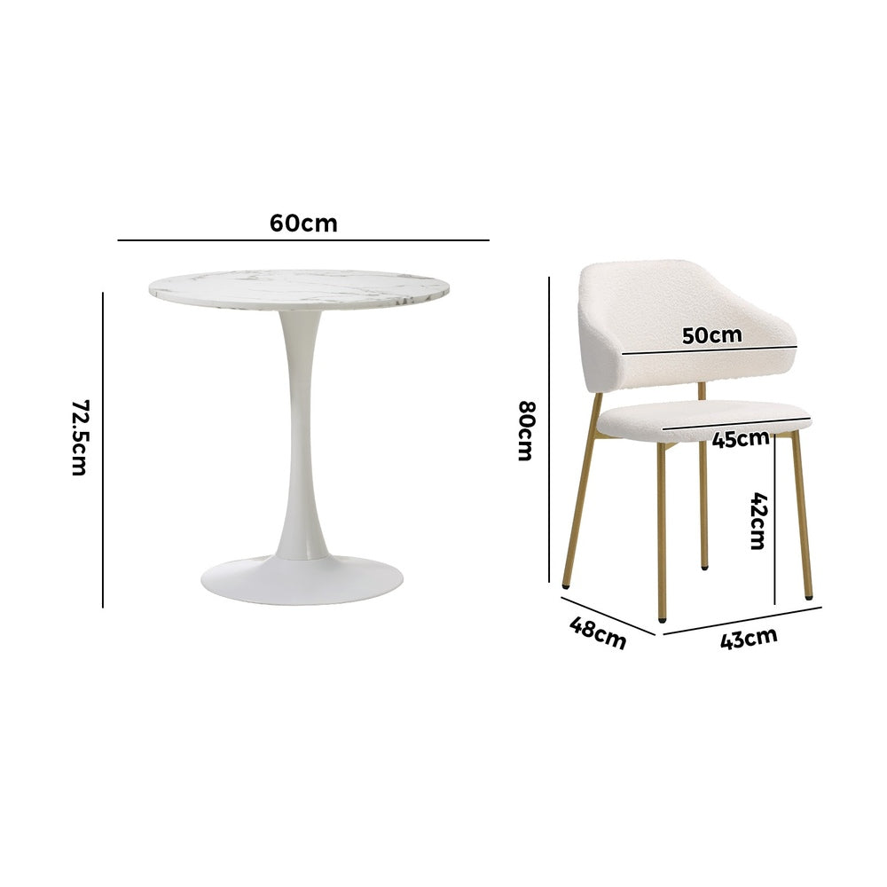 60cm Round Dining Table with 2x Dining Chairs Sherpa Gold&White