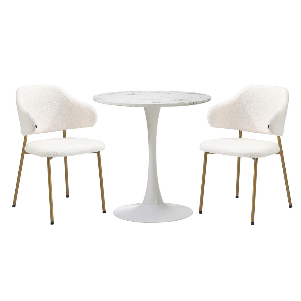 90cm Round Dining Table with 4x Dining Chairs Sherpa Gold&White