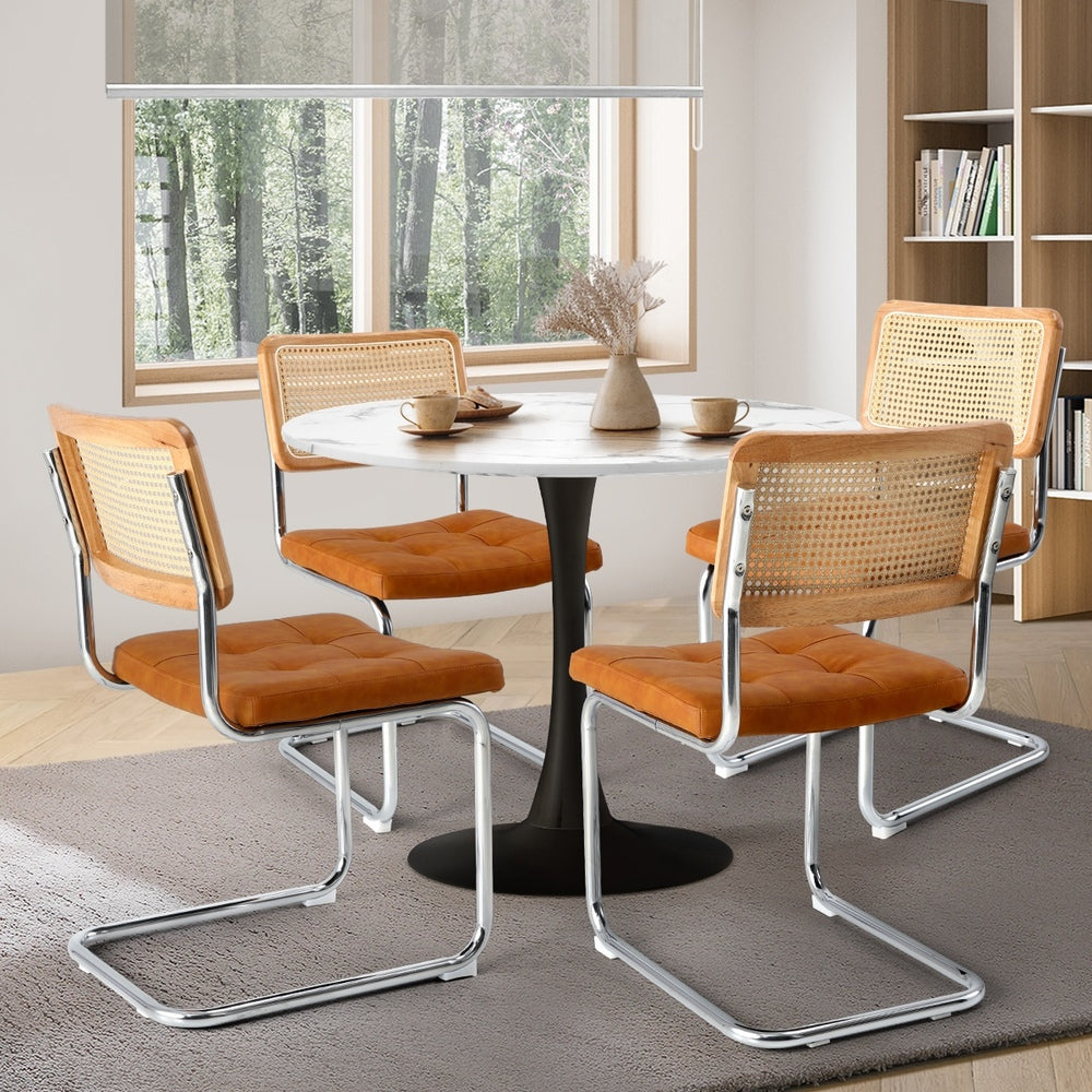 90cm Round Dining Table with 4PCS Chairs PU Leather Brown