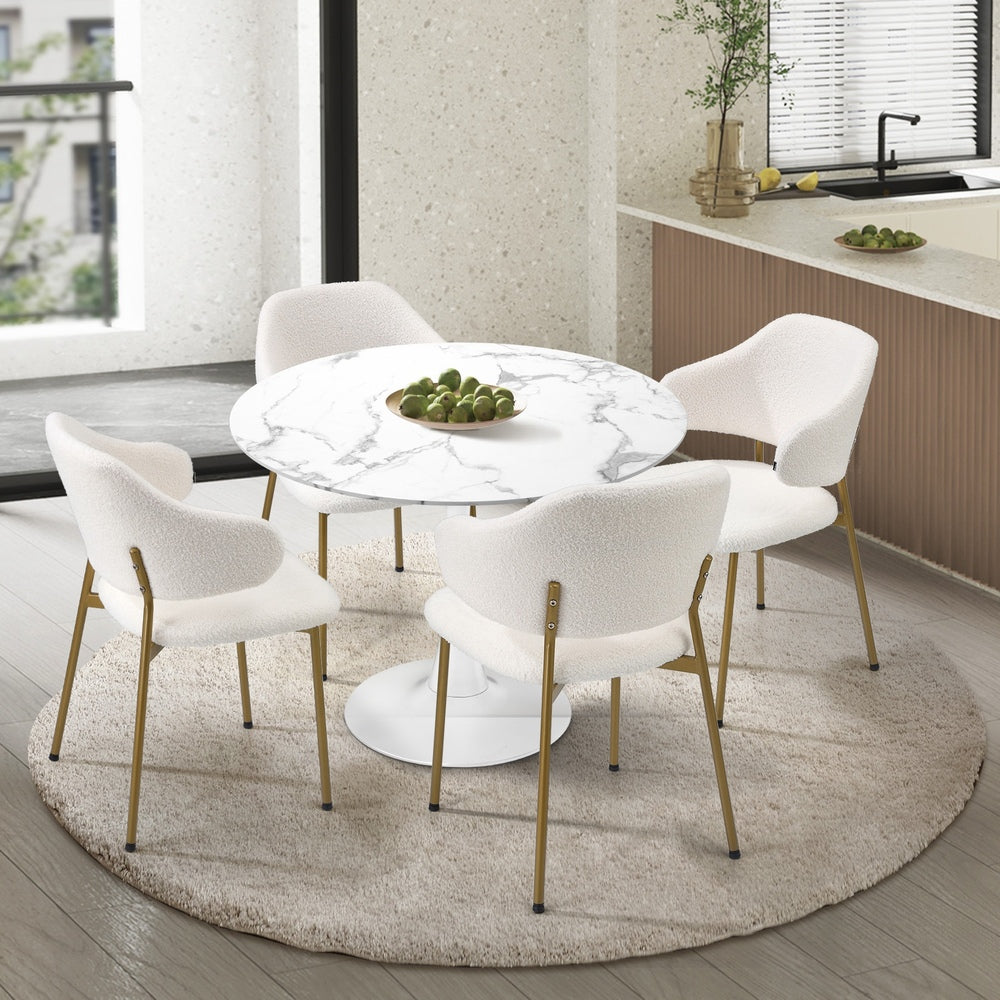 60cm Round Dining Table with 2x Dining Chairs Sherpa Gold&White