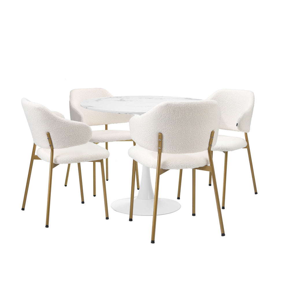 90cm Round Dining Table with 4x Dining Chairs Sherpa Gold&White