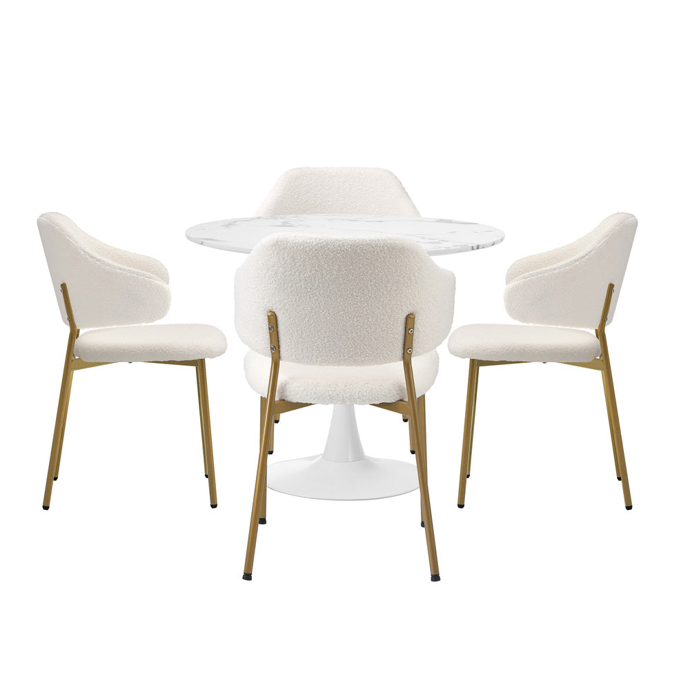 90cm Round Dining Table with 4x Dining Chairs Sherpa Gold&White