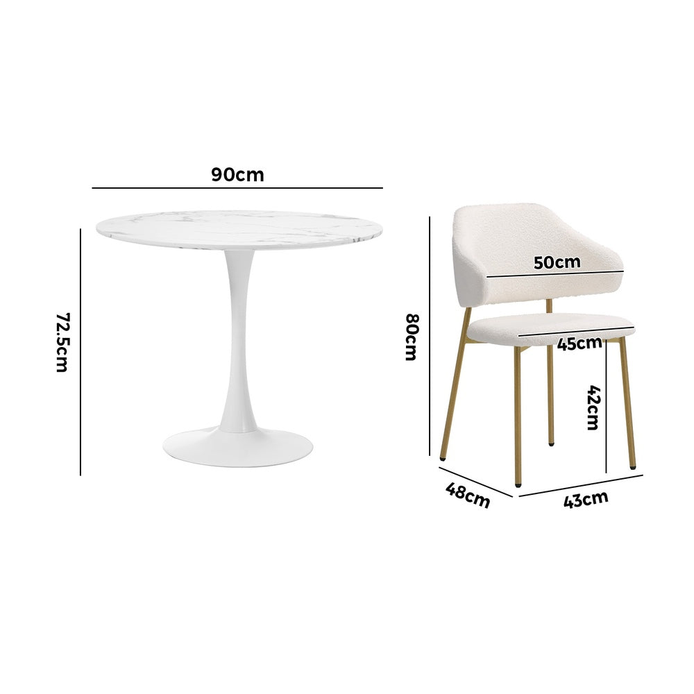 60cm Round Dining Table with 2x Dining Chairs Sherpa Gold&White