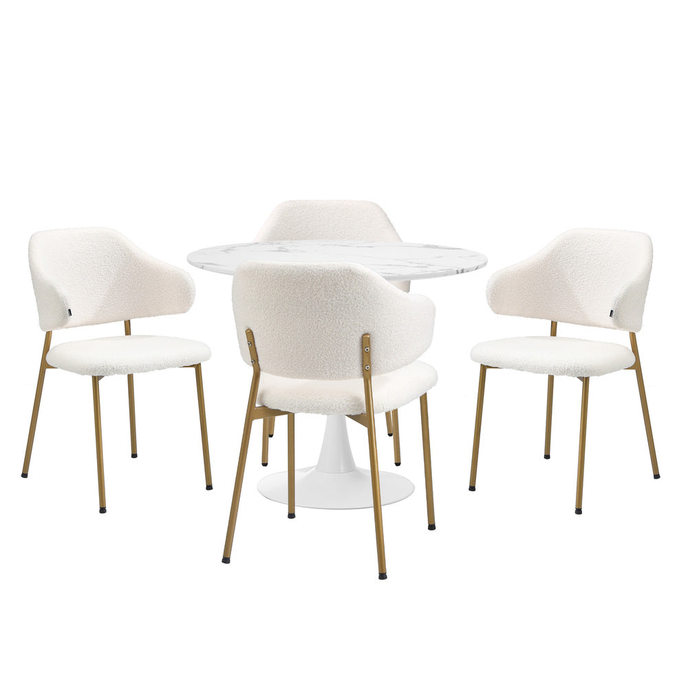 90cm Round Dining Table with 4x Dining Chairs Sherpa Gold&White