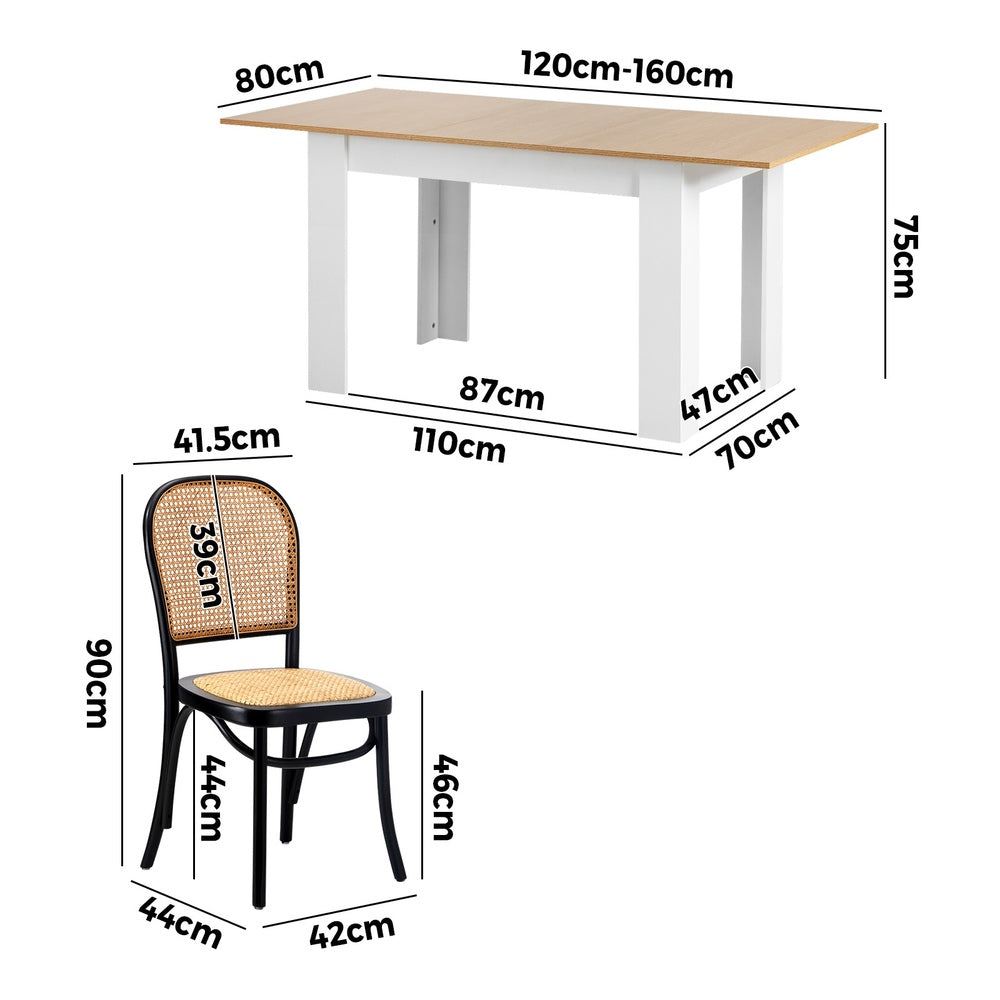 160cm Extendable Dining Table with 6PCS Chairs Rattan Natural