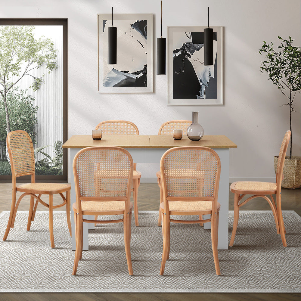 160cm Extendable Dining Table with 6PCS Chairs Rattan Natural