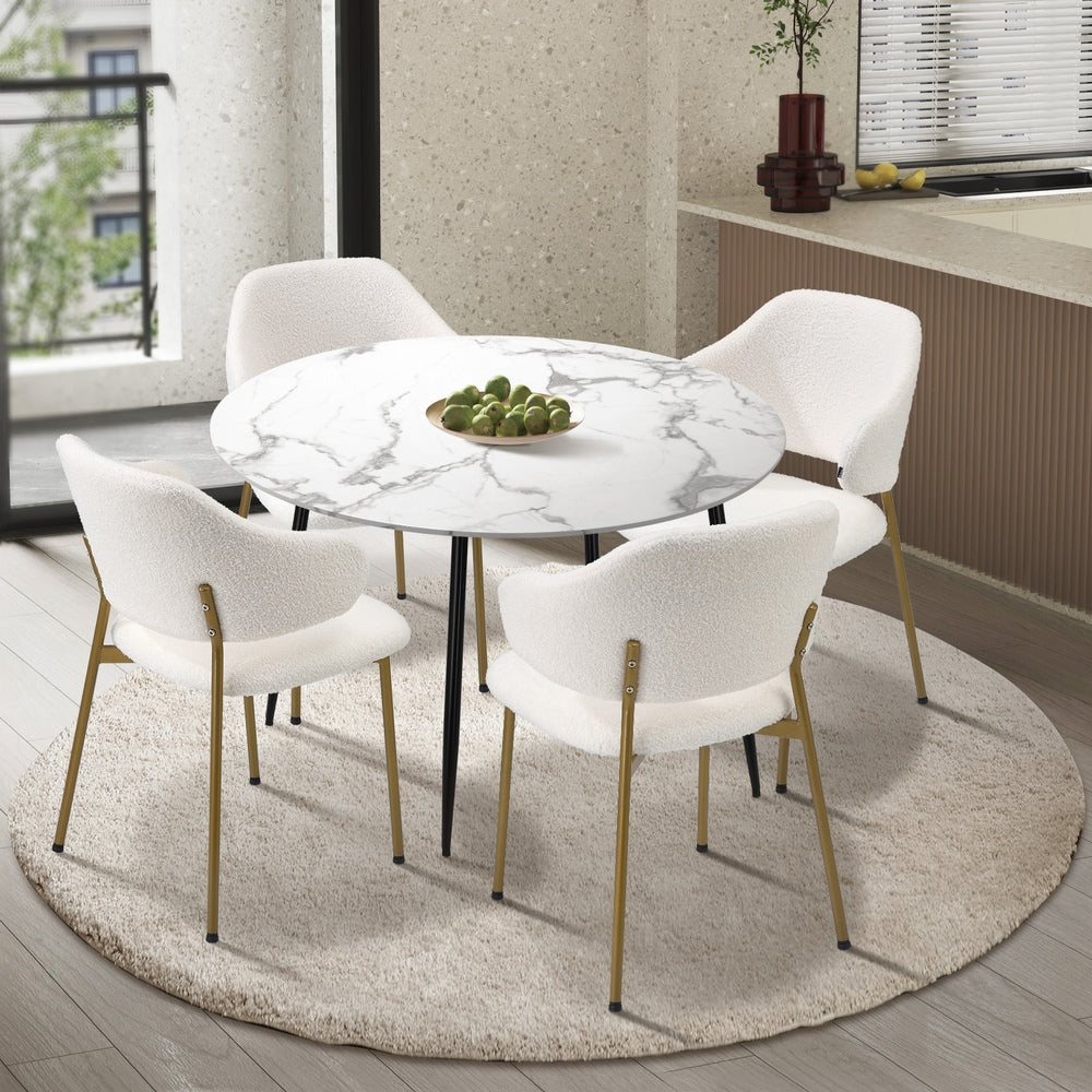 110cm Round Dining Table with 4PCS Chairs Sherpa Gold