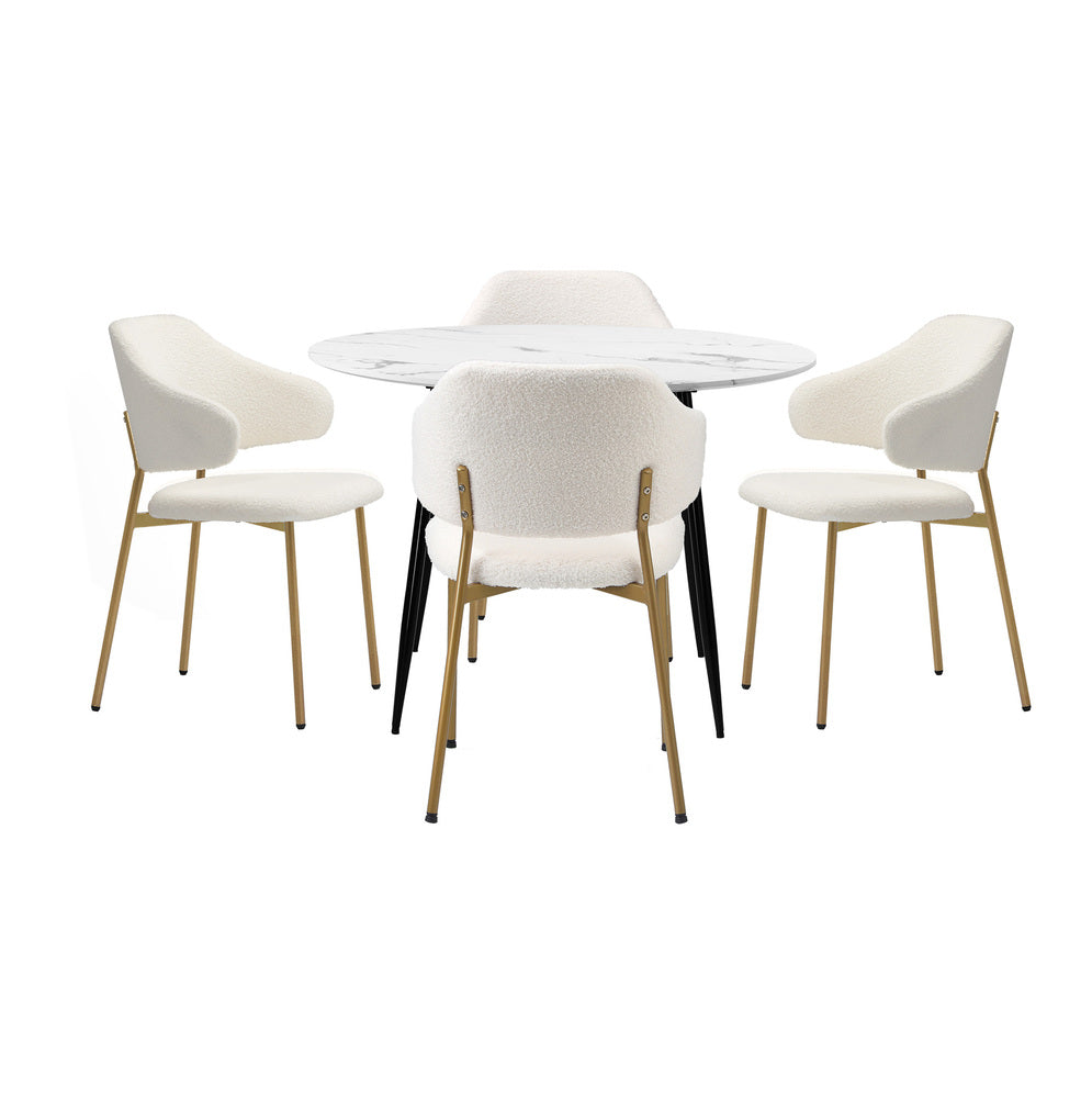 110cm Round Dining Table with 4PCS Chairs Sherpa Gold