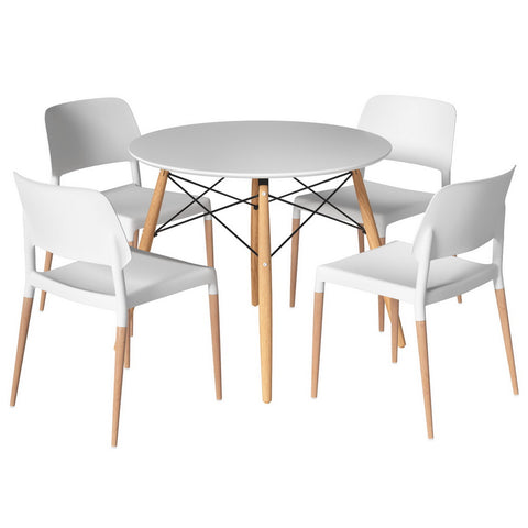 1 Dining Table and 4 Chairs Set Round White