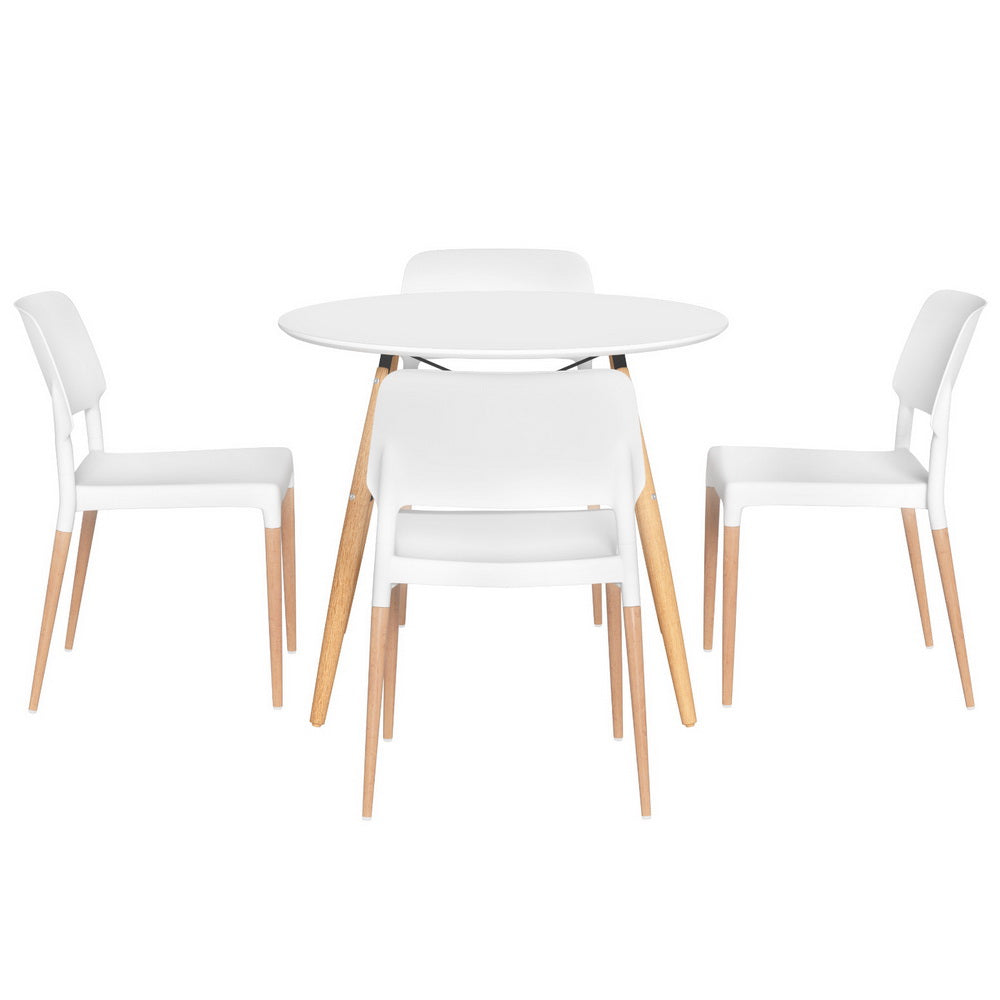 1 Dining Table and 4 Chairs Set Round White