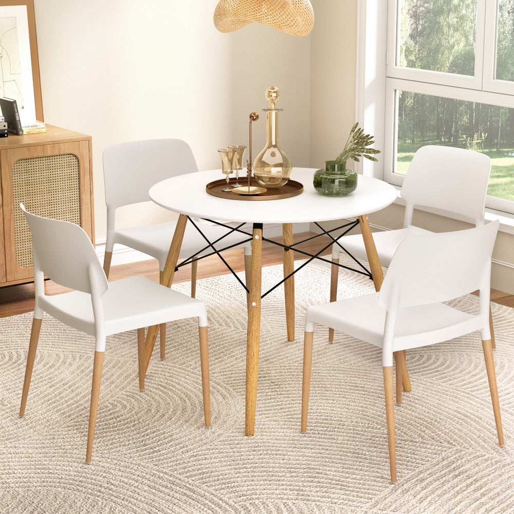 1 Dining Table and 4 Chairs Set Round White