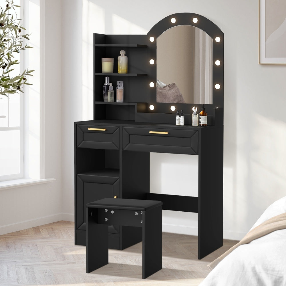 Dressing Table Stool Set Arch Mirror 12 LED Bulbs Black