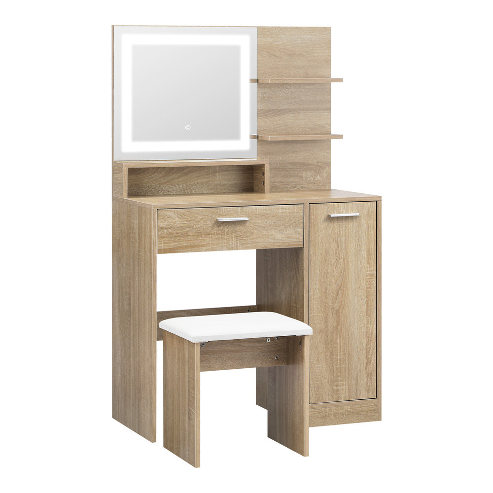 Dressing Table Stool Set LED Light Large Cabinet Natural