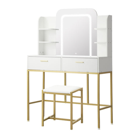 Dressing Table Stool Set LED Mirror Vanity Desk White Gold