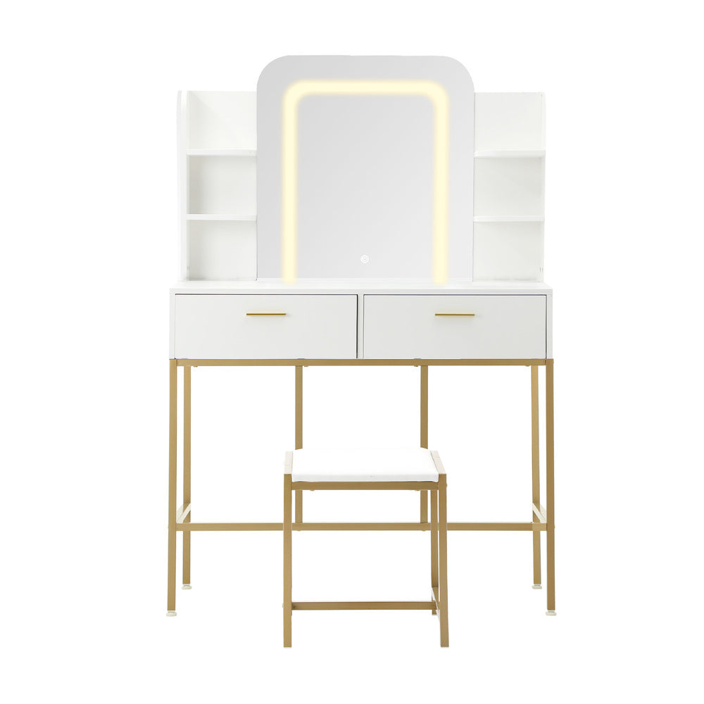 Dressing Table Stool Set LED Mirror Vanity Desk White Gold