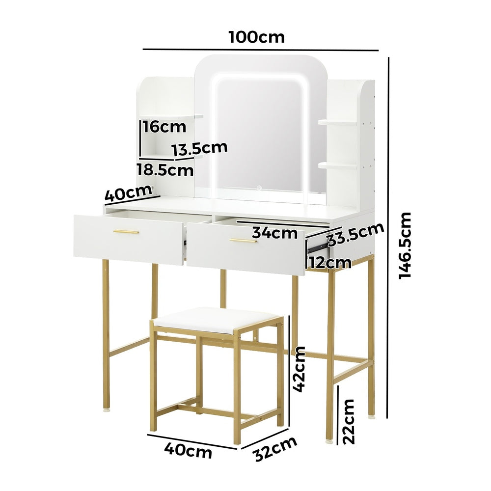 Dressing Table Stool Set LED Mirror Vanity Desk White Gold