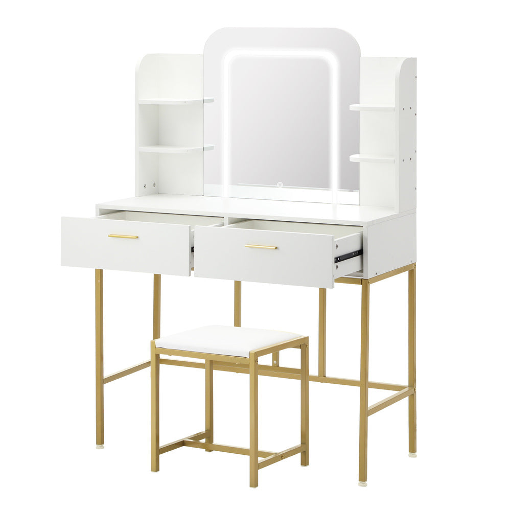 Dressing Table Stool Set LED Mirror Vanity Desk White Gold