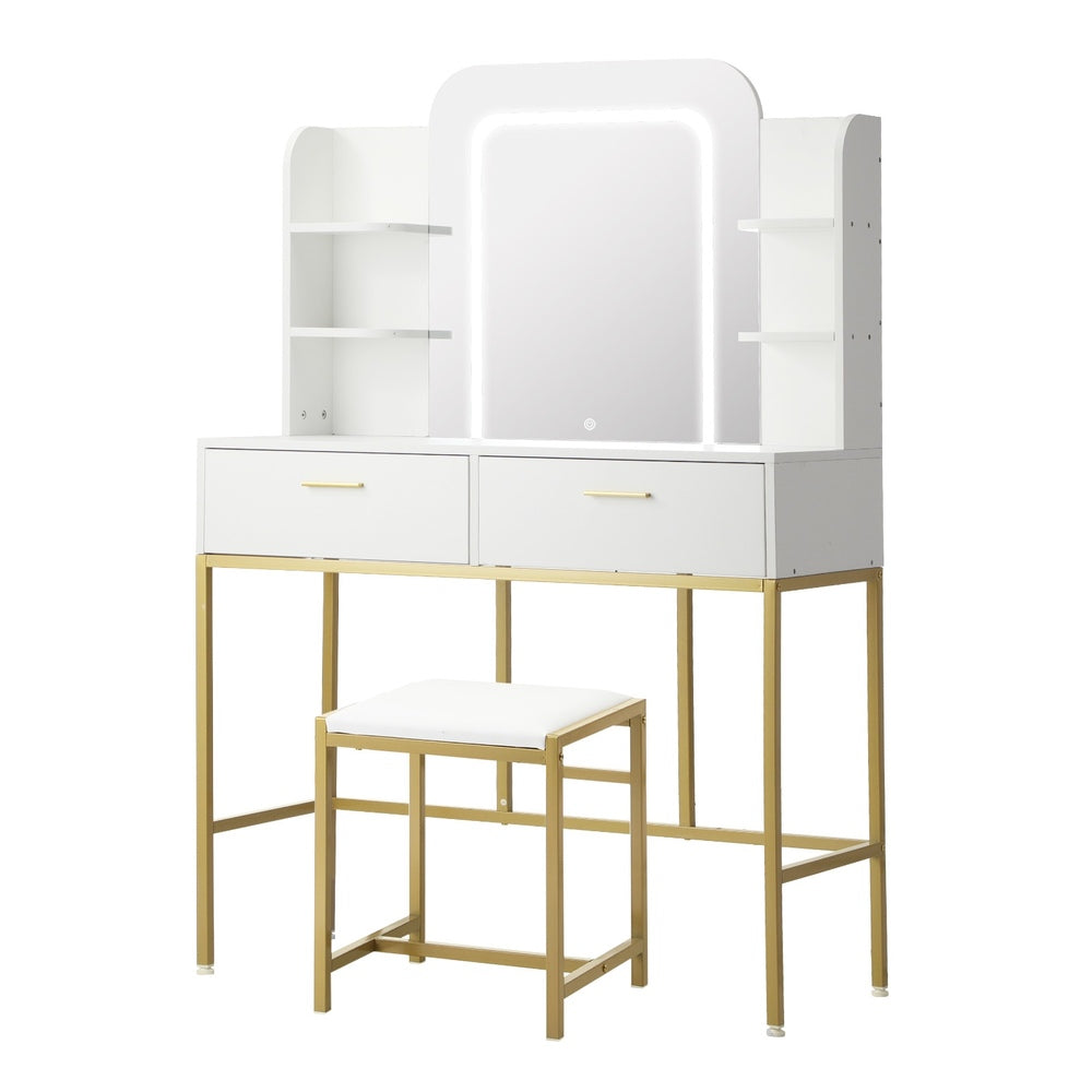 Dressing Table Stool Set LED Mirror Vanity Desk White Gold